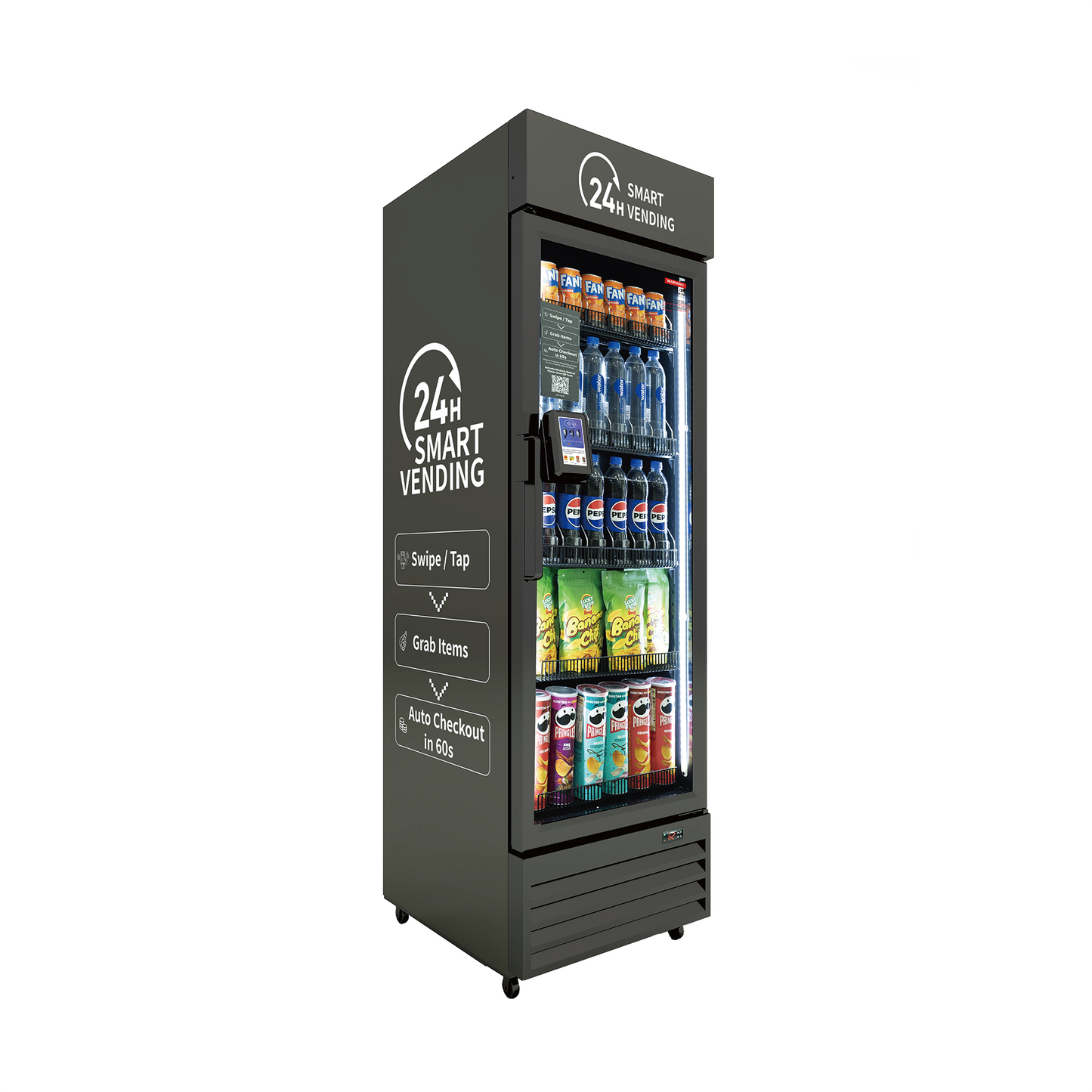 HAHA Smart Cooler - Mini vending machine with drinks and snacks, featuring 24h smart vending and auto checkout.