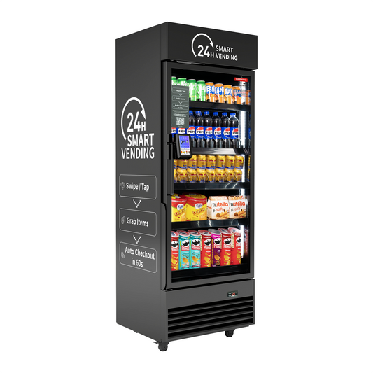 HAHA Smart Cooler - Plus vending machine with drinks and snacks, featuring 24h smart vending and auto checkout.