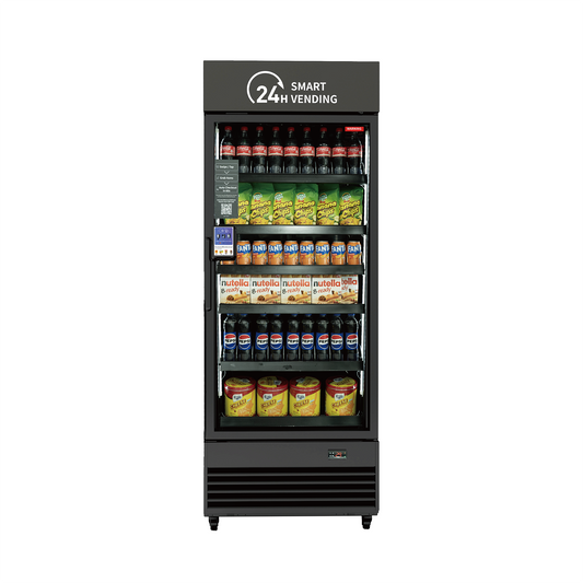 HAHA Smart Cooler - Pro vending machine with beverages and snacks, featuring TAP, GRAB & GO™ technology.