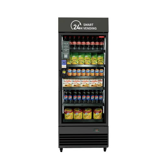 HAHA Smart Cooler Pro, powered by Nayax with snacks and beverages, featuring 24h Smart Vending for convenient transactions.