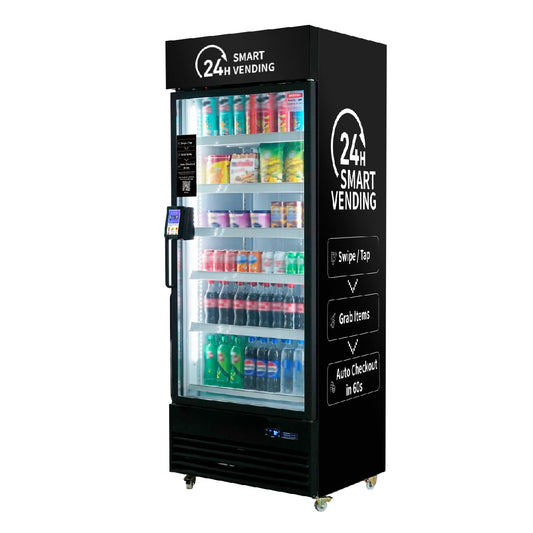 HAHA Smart Cooler - Pro vending machine with drinks and snacks, featuring 24h smart vending and auto checkout.