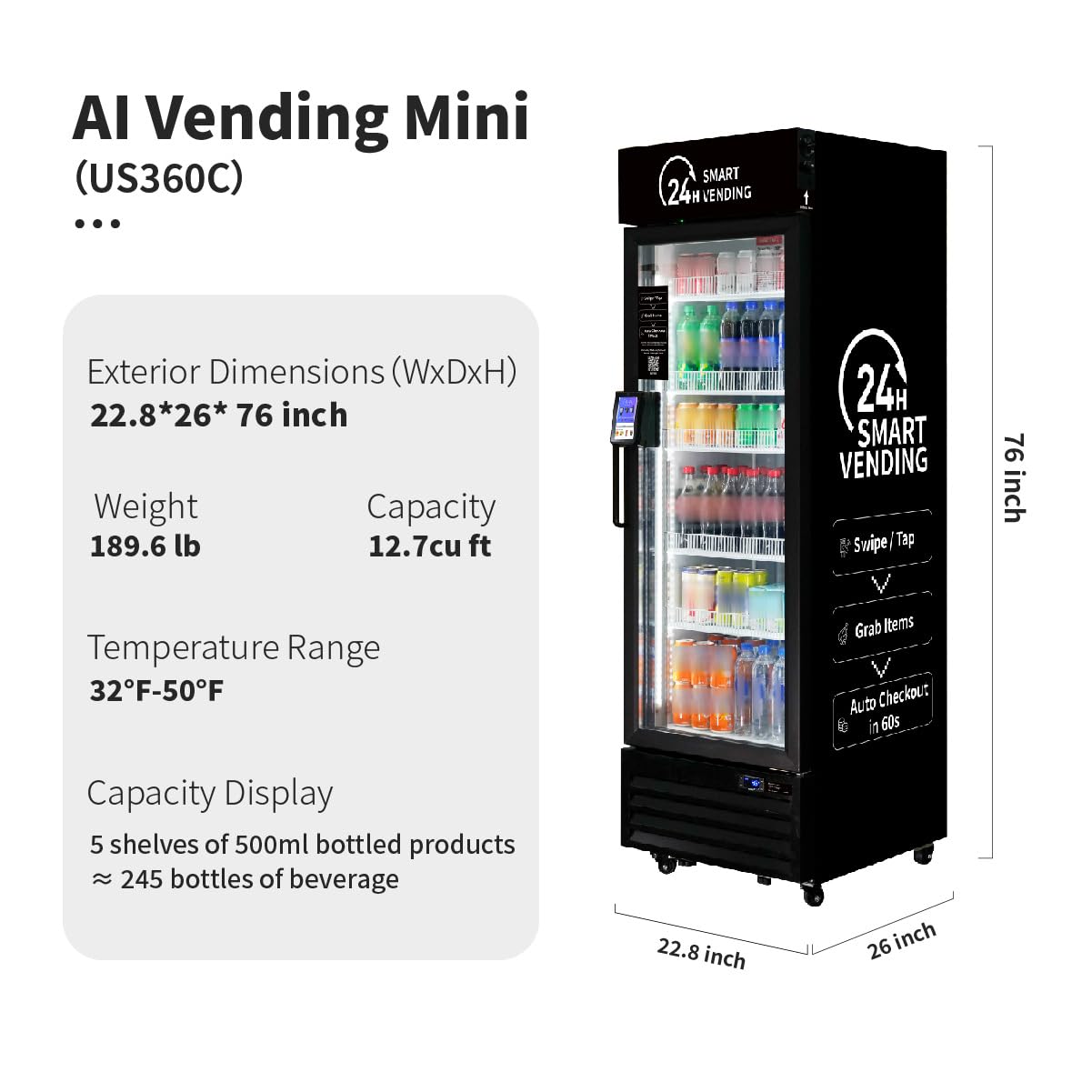 HAHA Smart Cooler - Mini (360C) with dimensions and features for efficient vending.