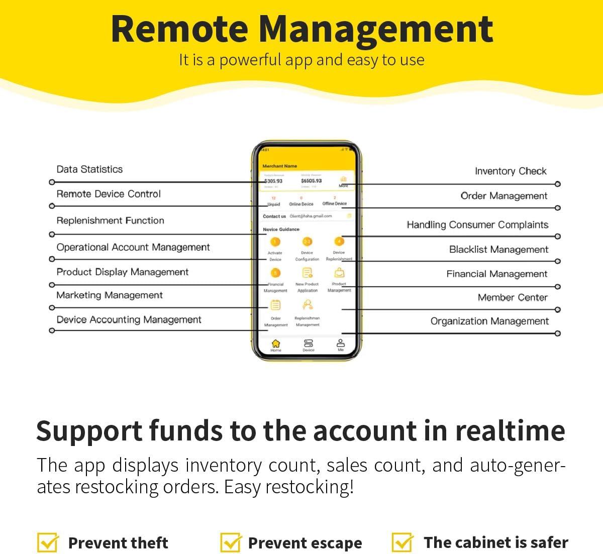 HAHA Smart Cooler Remote Management app interface showing various management features and statistics.