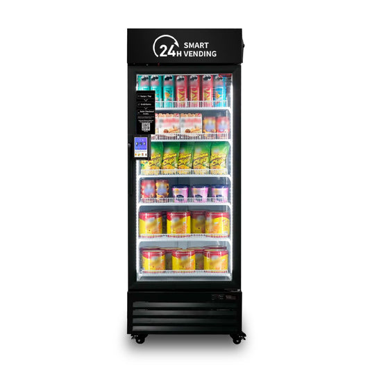 HAHA Smart Cooler displaying a variety of snacks and beverages in a modern vending machine design.