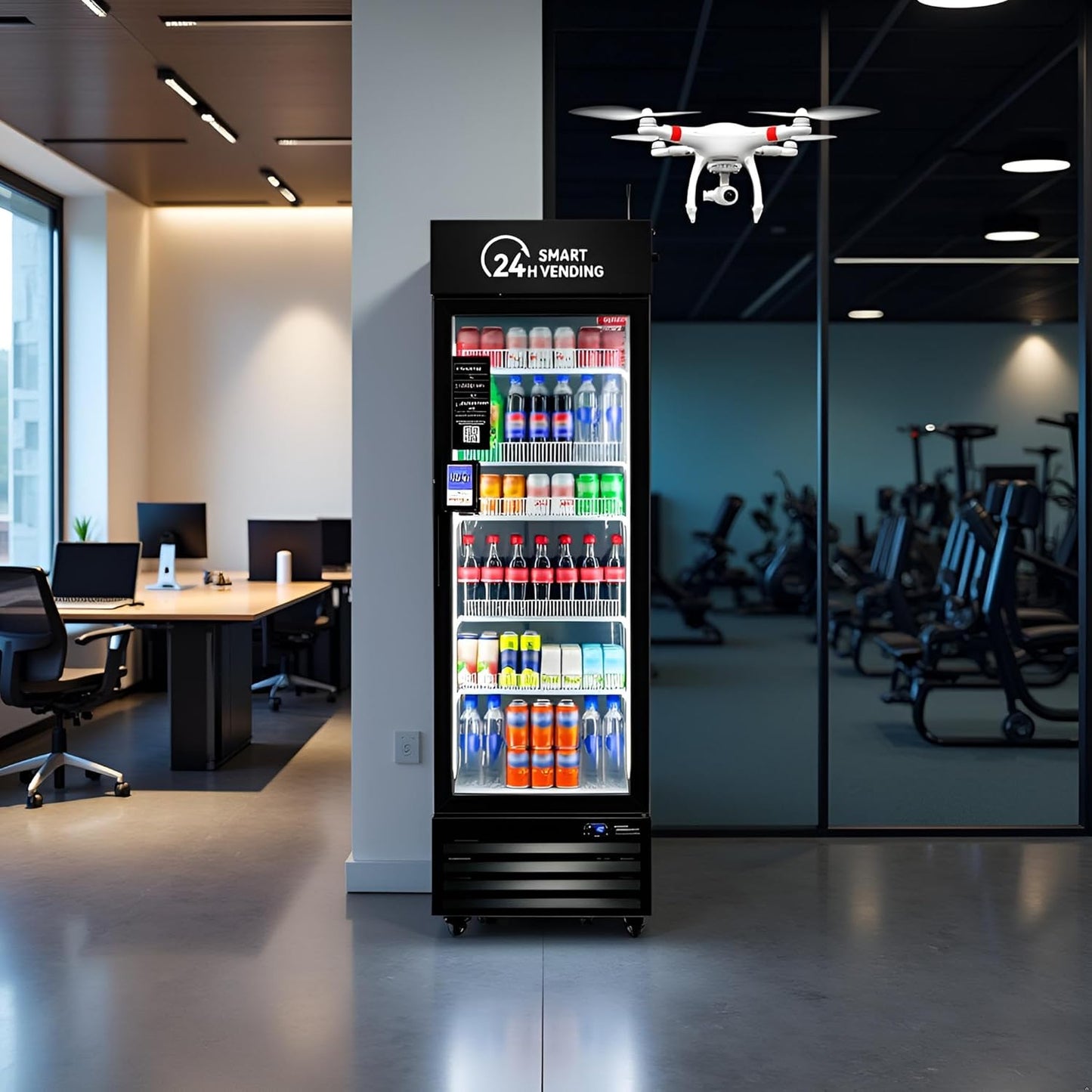 HAHA Smart Cooler - MIni vending machine on location with beverages and snacks, featuring TAP, GRAB & GO™ technology. HAHA Smart Cooler - ULTRA vending machine with beverages and snacks, featuring TAP, GRAB & GO™ technology.