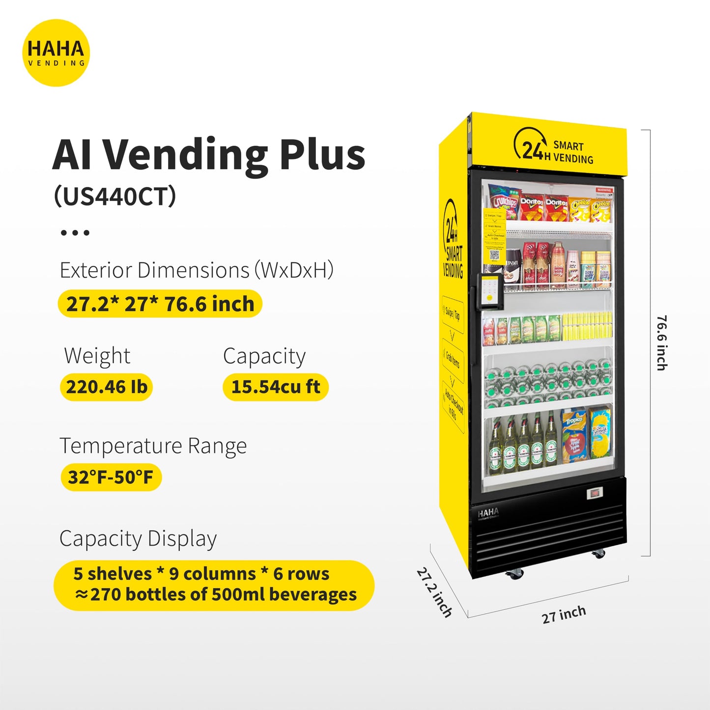 HAHA Smart Cooler - Plus AI vending machine with automatic checkout and unlimited product categories.