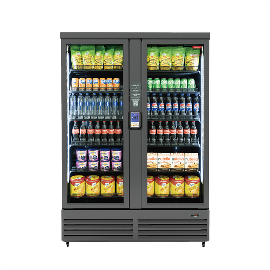 HAHA Smart Cooler - ULTRA vending machine with beverages and snacks, featuring TAP, GRAB & GO™ technology.