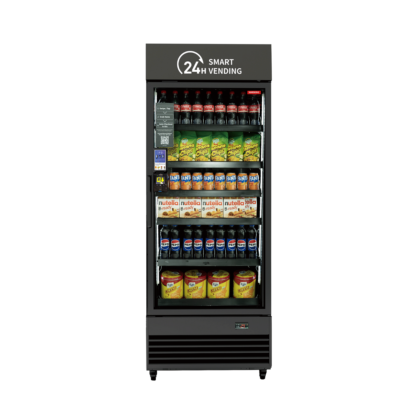 HAHA Smart Cooler Pro, powered by Nayax with snacks and beverages, featuring 24h Smart Vending for convenient transactions.