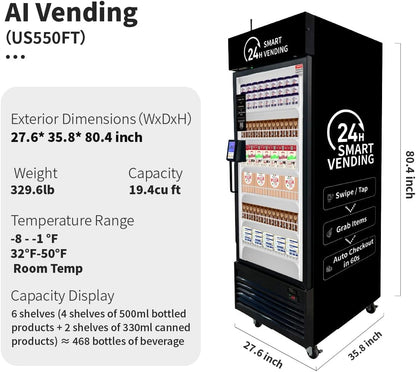 HaHa Smart Cooler vending machine specifications including dimensions, temperature range, and capacity.
