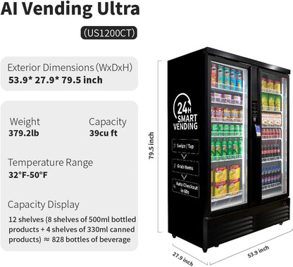 HAHA Smart Cooler - ULTRA (US1200CT) with dimensions and features for efficient vending.